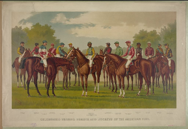 Gruppe von Menschen, die auf einem grünen Feld mit Bäumen und einem blauen Himmel reitet, mit Text unten, der "Feiernder Siegerpferde und Jockeys der American Turf" lautet.