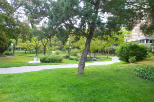 Ein Park mit grünem Gras, Bäumen, Pflanzen, Laternen, Skulpturen, Gebäuden im Hintergrund und einem klaren blauen Himmel.