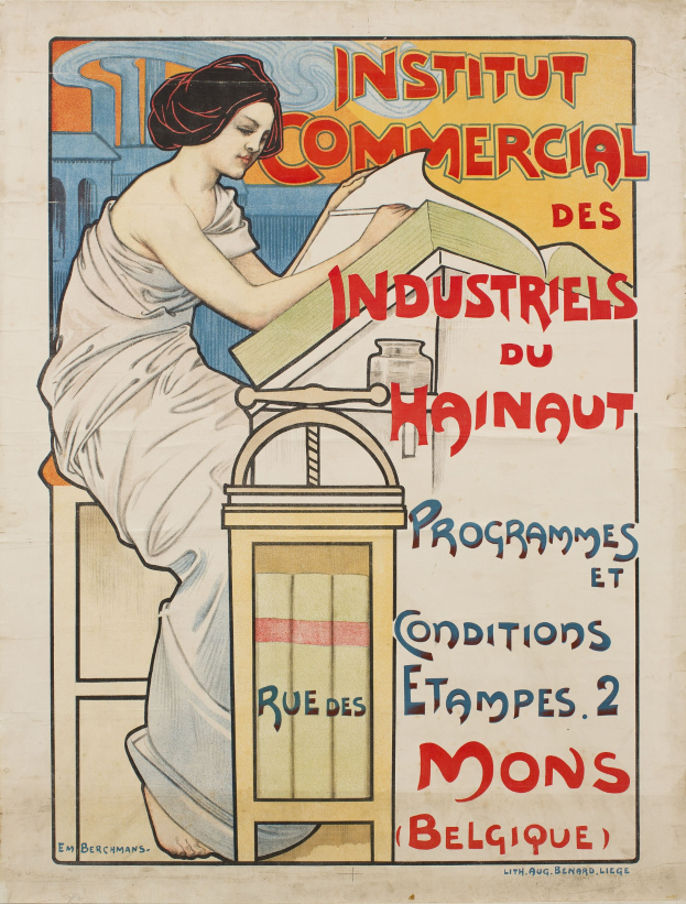 Plakat für das Institut Commercial des Industriels du Hainaut mit einer Frau an einem Tisch sitzend, die ein Buch hält, mit Text, der Informationen über das Institut enthält.