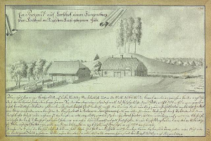 Ein historisches Dokument, das einen Hof in Surgensburg, Deutschland, zeigt, umgeben von Häusern, Bäumen und einem Himmel, mit der Aufschrift "Surgensburg, Deutschland - Landschaft eines Hofs" darauf.