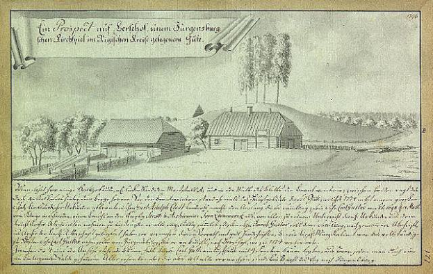 Ein historisches Dokument, das einen Hof in Surgensburg, Deutschland, zeigt, umgeben von Häusern, Bäumen und einem Himmel, mit der Aufschrift "Surgensburg, Deutschland - Landschaft eines Hofs" darauf.