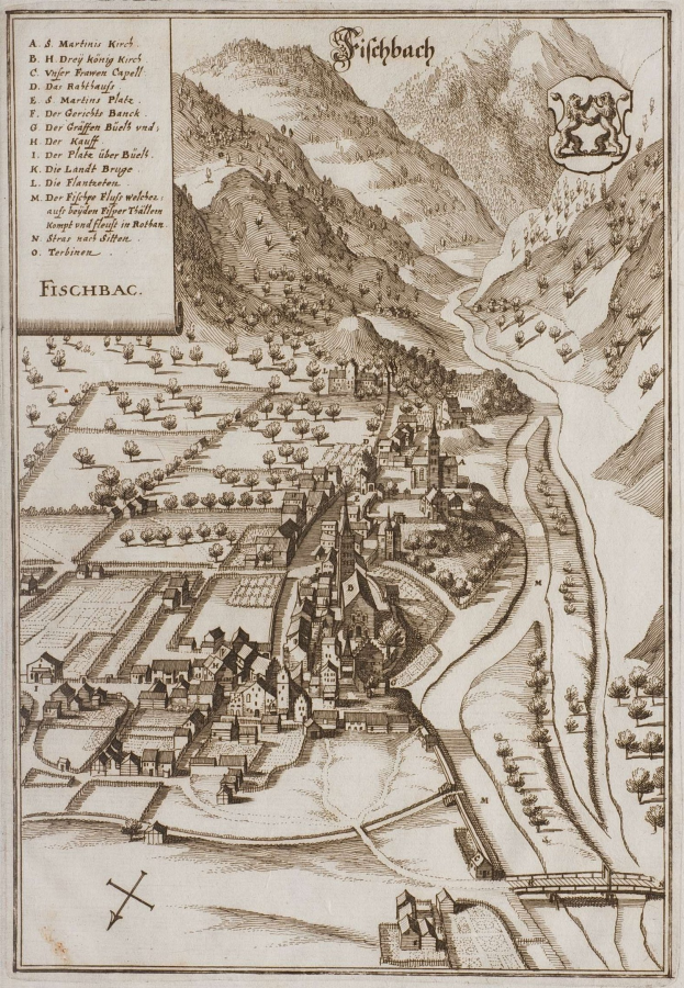 Alte Karte von Fischbach, Deutschland, mit H├Ąusern, B├Ąumen, H├Ęllen, einem gewundenen Fluss, Text und einem Logo.