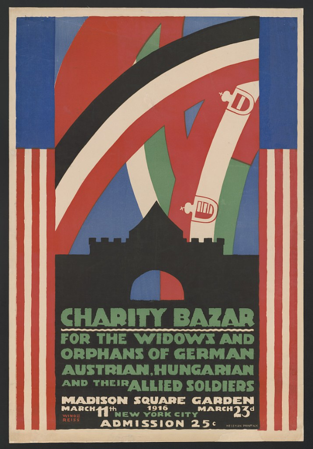 Charity-Bazar-Plakat für die Witwen und Waisen deutscher, australischer, ungarischer und alliierter Soldaten, mit Veranstaltungsdetails im Text.