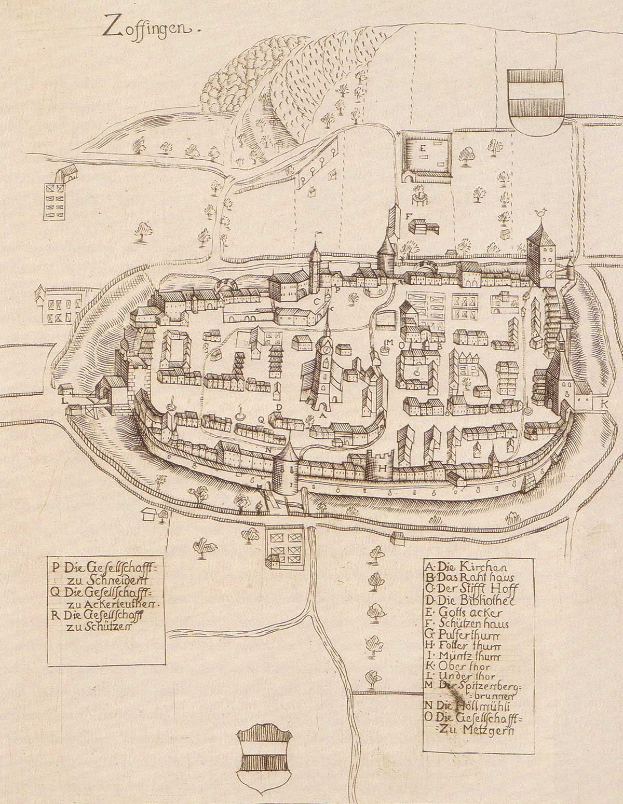Alte detaillierte Karte von Zoffingen, Deutschland, die Straßen, Gebäude, Bäume und textuelle Informationen auf altem Papier zeigt.