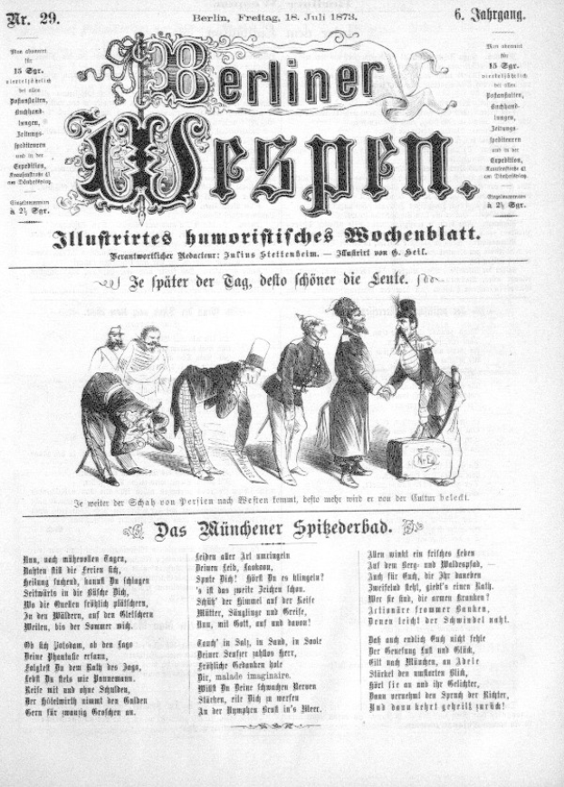 Alte Zeitung "Berliner Wespen" vom Juli 1873 mit einer Karikatur eines verzweifelten Mannes mit Zylinder und einer Frau in einem Kleid.