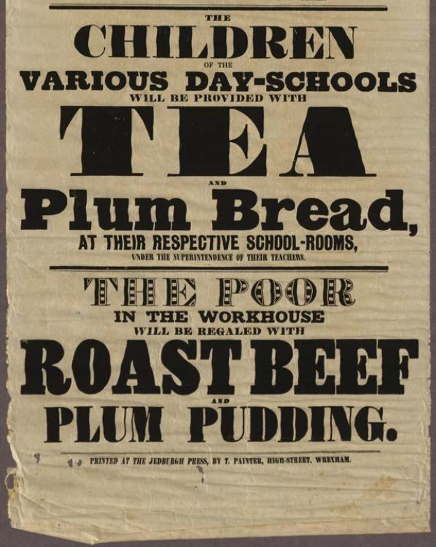 Ein Blatt mit Text, auf dem angekündigt wird, dass Kinder aus verschiedenen Tagesschulen Tee, Pflaumenbrot, Rinderbraten und Pflaumenpudding erhalten werden.