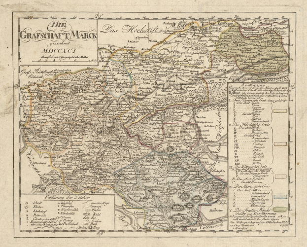 Ein detaillierter alter Stadtplan von München, Deutschland, mit Straßen, Parks, Flüssen und Bergen, umgeben von einem dekorativen Rand in Blau-, Grün- und Gelbtönen.