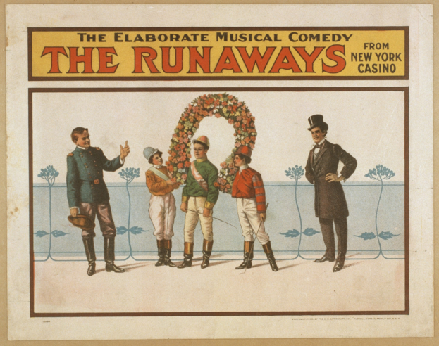 Plakat für "Elaborate Musical Comedy Runaways from New York Casino" mit einer Gruppe von Menschen in einer Reihe, wobei die zentrale Figur einen Blumenstrauß hält.