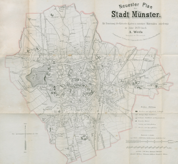 Detailreiche Karte von Stadt Münster, Deutschland, aus dem Jahr 1873 mit Textanmerkungen zur Stadtplanung.
