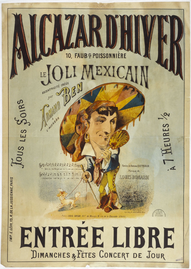 Plakat für ein mexikanisches Konzert, das einen Mann mit Hut zeigt, mit Text zu den Ereignissen.