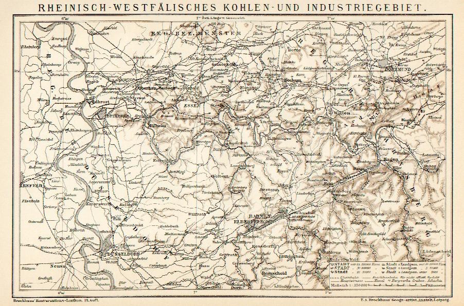 Alte Karte des Rheinisch-Westfälischen Kohle- und Industriegebiets mit Text oben und unten, die Flüsse, Berge und Städte zeigt.