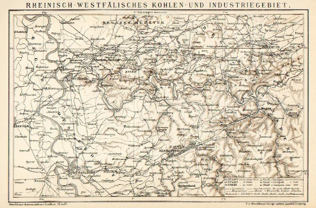 Alte Karte des Rheinisch-Westfälischen Kohle- und Industriegebiets mit Text oben und unten, die Flüsse, Berge und Städte zeigt.