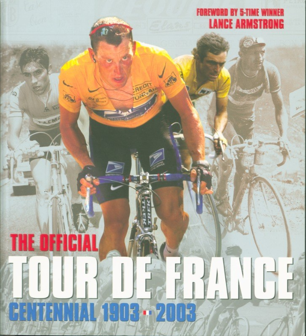 Offizielles Tour-de-France-Jubiläumsplakat (1903–2003) mit einer Gruppe von Radfahrern auf Fahrrädern und Text mit Veranstaltungseinzelheiten.