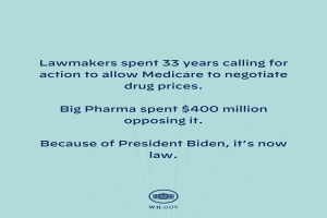 Blauer Hintergrund mit fetter weißer Schrift, die "Lawmakers Spent 33 Years Calling for Action to Allow Medicare to Negotiate Drug Prices" und ein Logo unten zeigt.