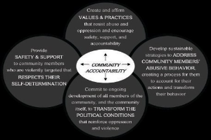 Ein Diagramm mit der Bezeichnung "Verantwortung in der Gemeinschaft" mit drei sich überschneidenden Kreisen, die durch Pfeile verbunden sind, umgeben von dem Satz "Verantwortung in der Gemeinschaft" in fetter Schrift, unter Verwendung von hellen und leuchtenden Farben.