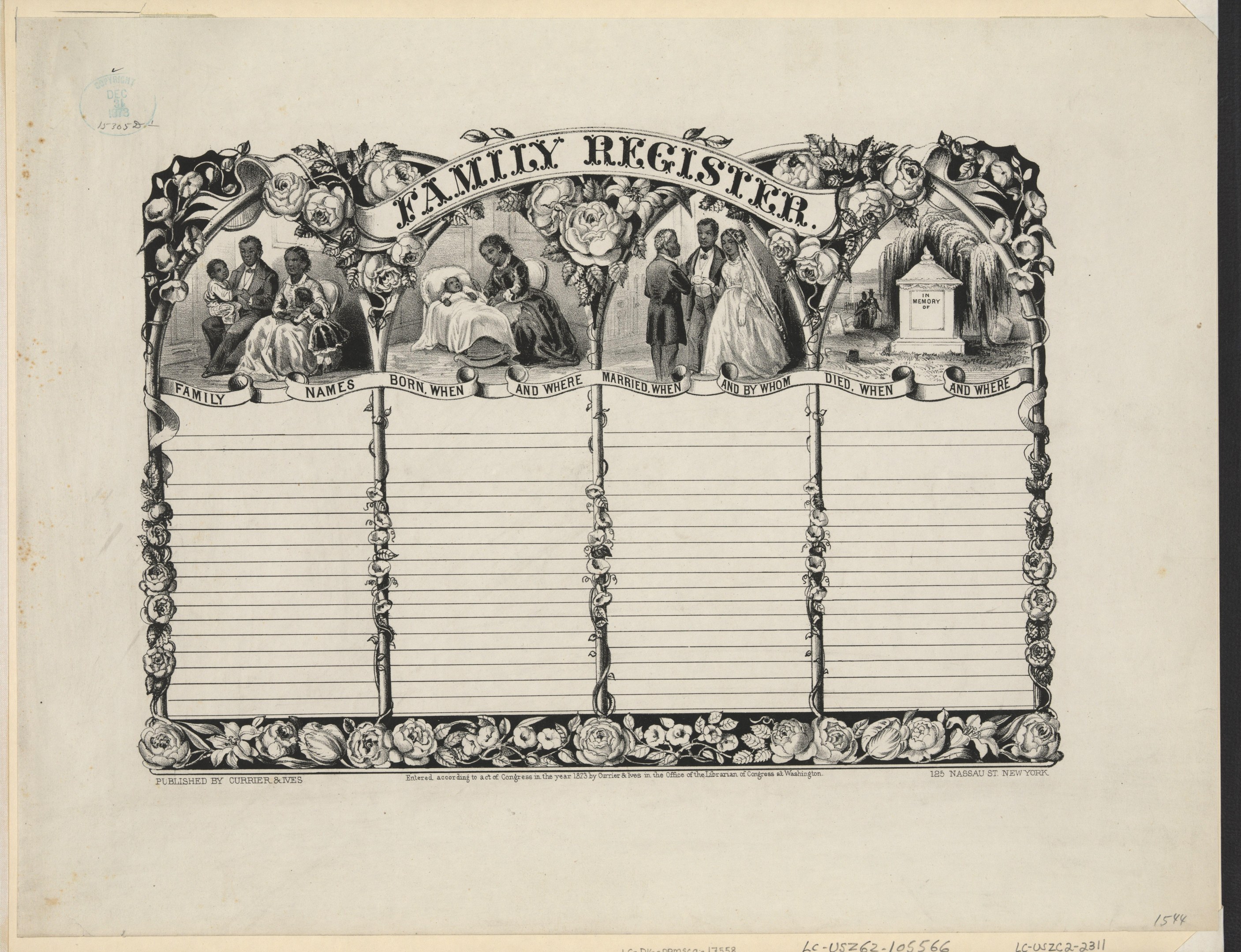 Schwarz-weißes Familienregister mit Gruppenfoto in der Mitte und handgeschriebener Text.