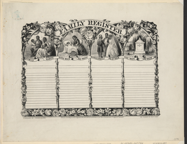 Schwarz-weißes Familienregister mit Gruppenfoto in der Mitte und handgeschriebener Text.