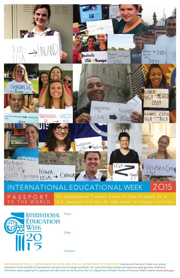 Internationaler Bildungswoche 2015-Plakat mit lachenden Menschen, die Schilder mit Veranstaltungstext halten.