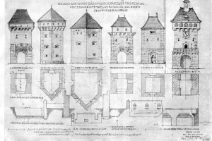 Ein detailliertes Architekturzeichnung eines 16. Jahrhundert-Schlosses mit Türmen, das beschriftete Strukturpläne auf altem Papier enthält.