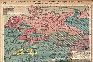 Plakat mit einer 1618-Karte von Mitteleuropa, die die religiöse Landschaft hervorhebt und mit erklärendem Text annotiert ist.
