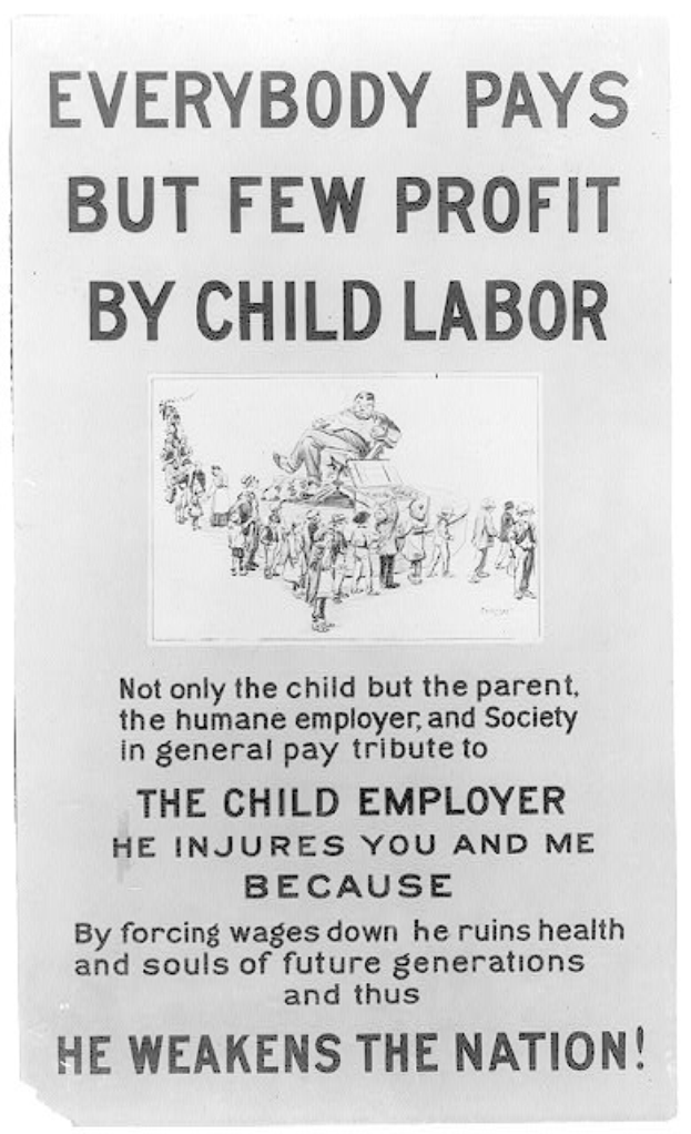 Schwarzes und weißes Plakat mit der Aufschrift "Jeder zahlt, aber wenige profitieren von Kinderarbeit" zeigt eine Gruppe von Menschen, die gegen Kinderarbeit in den Vereinigten Staaten protestieren.