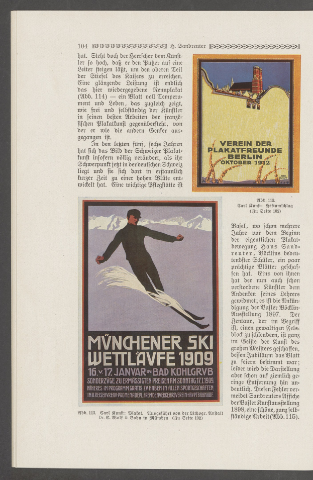 Werbung für das Münchner Ski-Wettlaufen 1909, die einen Skifahrer in einem Neoprenanzug und Helm auf einer verschneiten Piste unter einem klaren blauen Himmel zeigt.