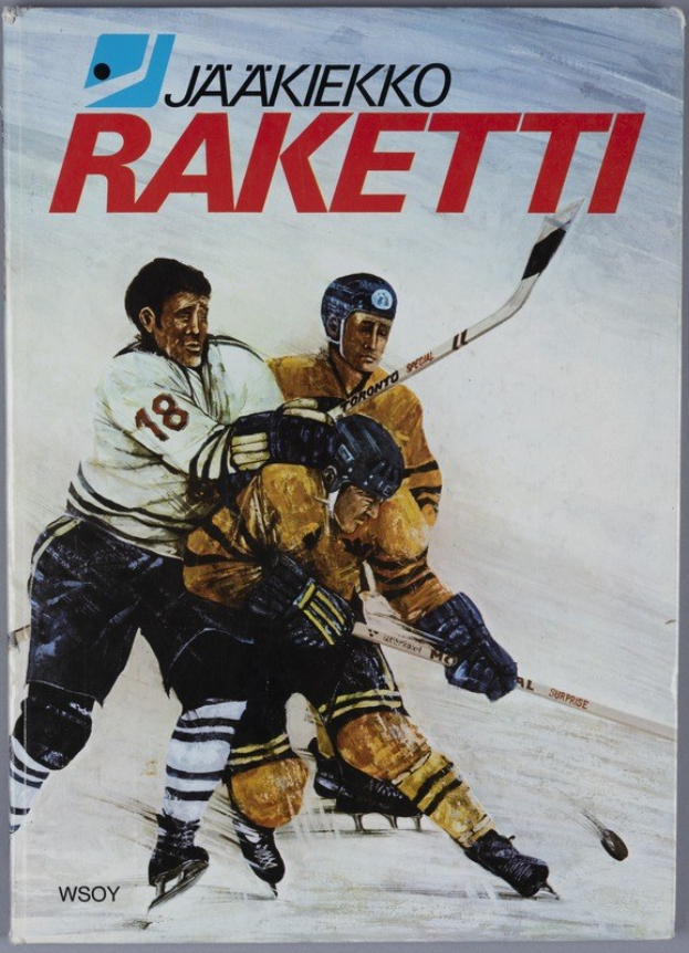 Buchumschlag mit dem Titel "Jääkiekko Raketti", der drei Personen beim Eishockeyspielen mit Hockey-Schlägern auf einer flachen Oberfläche zeigt.