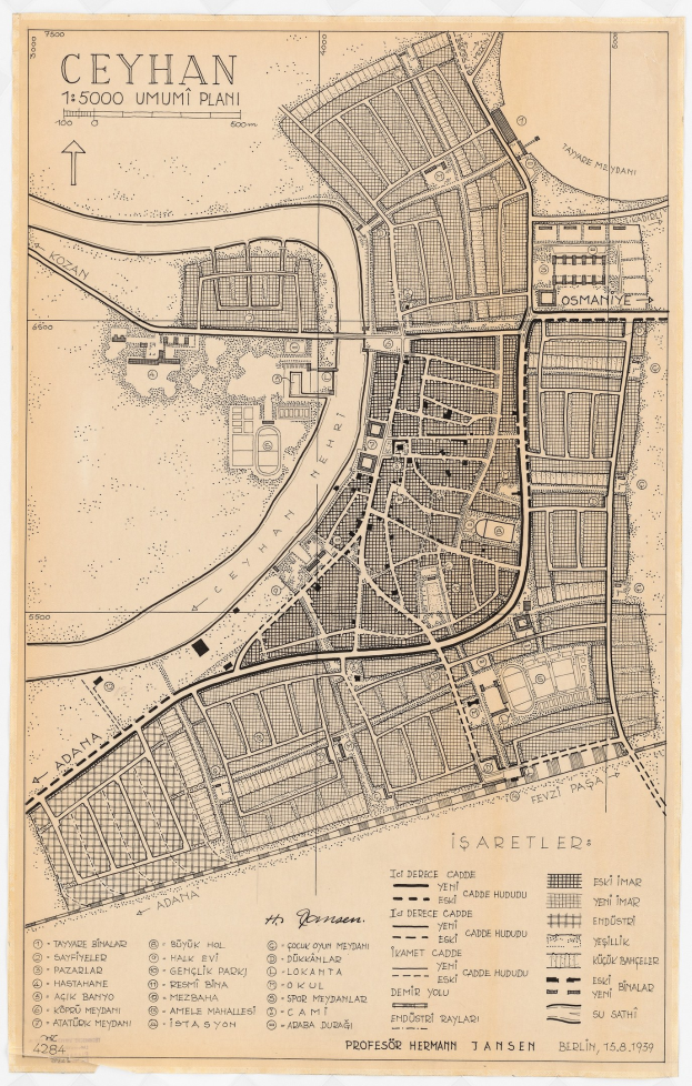 Detailiertes altes Stadtplan von Ceyhan, Türkei, zeigt Straßen, Gebäude und Sehenswürdigkeiten mit zusätzlichem Text über Bevölkerung und Standorte.