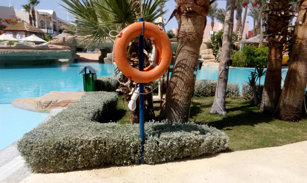 Ein Freibad mit einem Schwimmring in der Mitte, umgeben von grünem Gras, Pflanzen und Bäumen, mit Gebäuden, Sonnenschirmen und einem klaren blauen Himmel im Hintergrund.