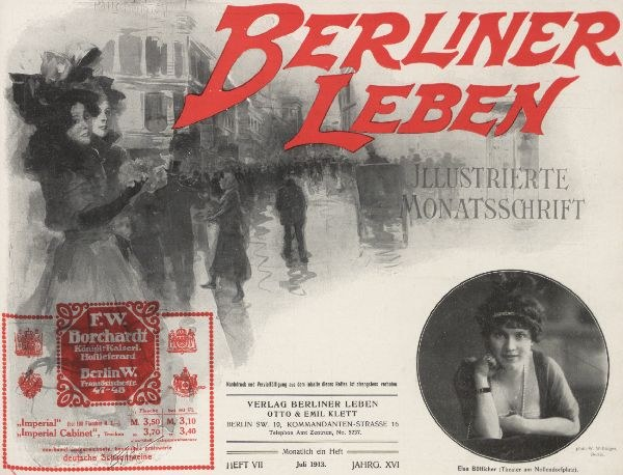 Werbeposter für den Berliner Leben-Film, das eine Frau in einem Kleid und einen Mann in einem Anzug zeigt, mit Text, einem Stempel, ein paar Menschen und einem Gebäude im Hintergrund.