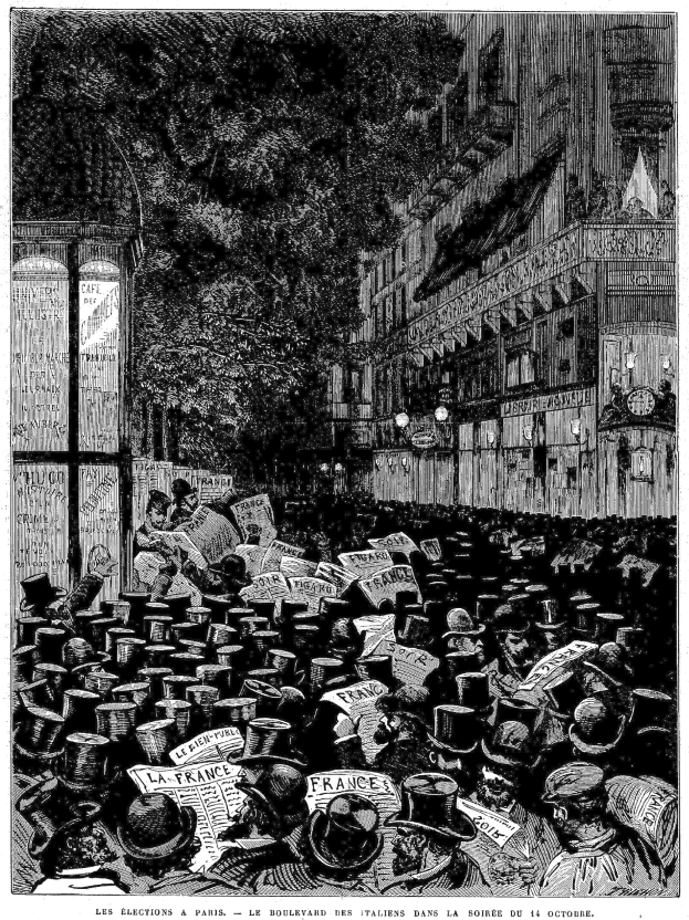 Schwarze und weiße Illustration einer belebten Pariser Straße am Abend des 16. Oktober 1885 mit einem Gebäude auf der rechten Seite und einem Baum im Hintergrund, mit Text unten.