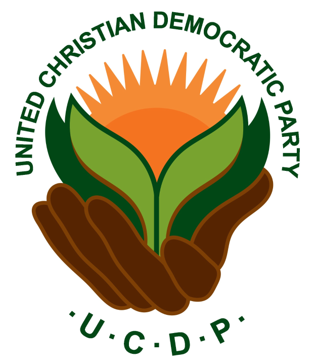 Logo der Vereinigten Christdemokratischen Partei (UCDP): eine Hand, die eine leuchtend gelbe Blume mit einem grünen Stiel und Blättern hält, zentriert innerhalb eines blauen und gelben Kreises auf einem weißen Hintergrund, mit "UCDP" in fetter schwarzer Schrift darunter.