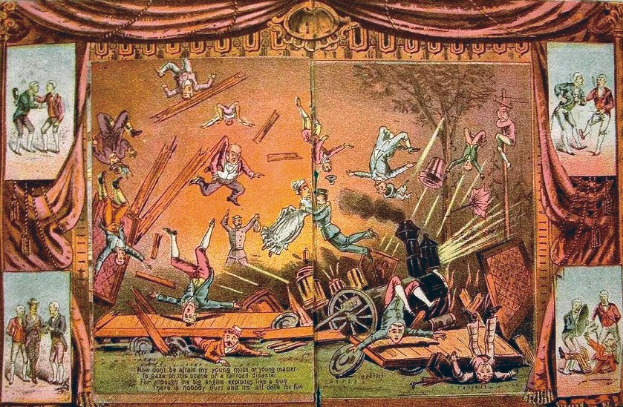 Ein Gemälde, das eine Zirkusvorstellung mit Künstlern in bunten Kostümen auf einer Bühne zeigt, umgeben von Vorhängen und Requisiten, mit Text unten.