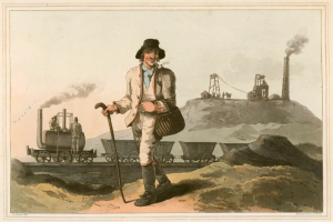 Ein Mann mit Hut und Stock sowie einer Tasche vor einem rauchenden Zug mit Menschen darin, Hügel im Hintergrund und Text unten im Bild.