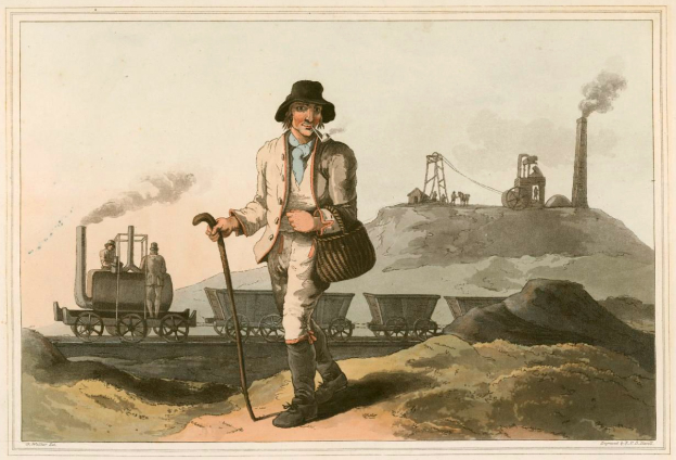 Ein Mann mit Hut und Stock sowie einer Tasche vor einem rauchenden Zug mit Menschen darin, Hügel im Hintergrund und Text unten im Bild.