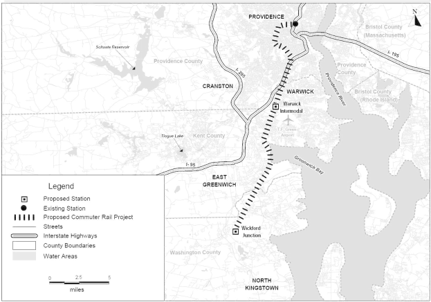 Schwarze und weiße Stadtkarte mit einem Fluss, beschriftet mit "Vorgeschlagenes Nahverkehrsprojekt" auf der linken Seite, zeigt Straßen, Autobahnen und Stadtmerkmale.