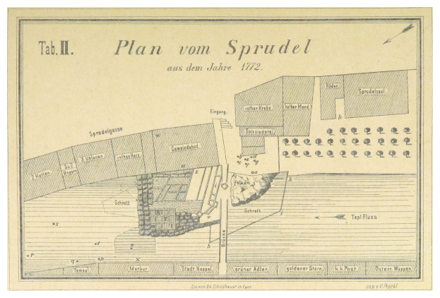 Ein Plakat mit einem detaillierten Stadtplan von Spruidel, Deutschland, mit begleitendem Text.