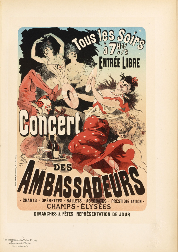 Ein Konzertplakat für "The Ambassadors" mit einer zentralen Frau umgeben von anderen, mit Text auf dem Plakat.