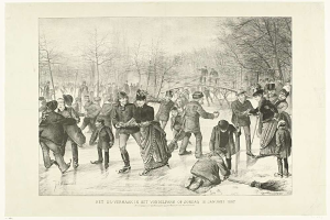 Gruppe von Menschen beim Eislaufen in einem Park mit Bäumen und einer Brücke im Hintergrund, datiert auf den 10. Januar 1887.