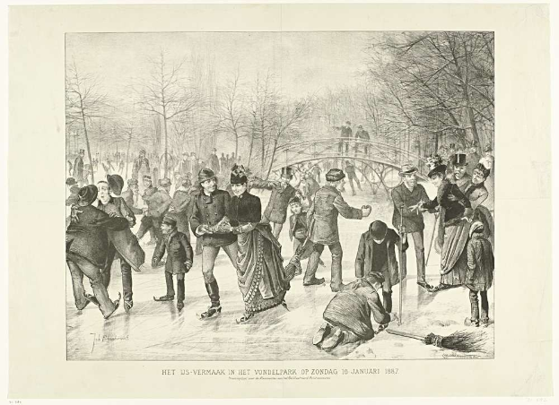 Gruppe von Menschen beim Eislaufen in einem Park mit Bäumen und einer Brücke im Hintergrund, datiert auf den 10. Januar 1887.