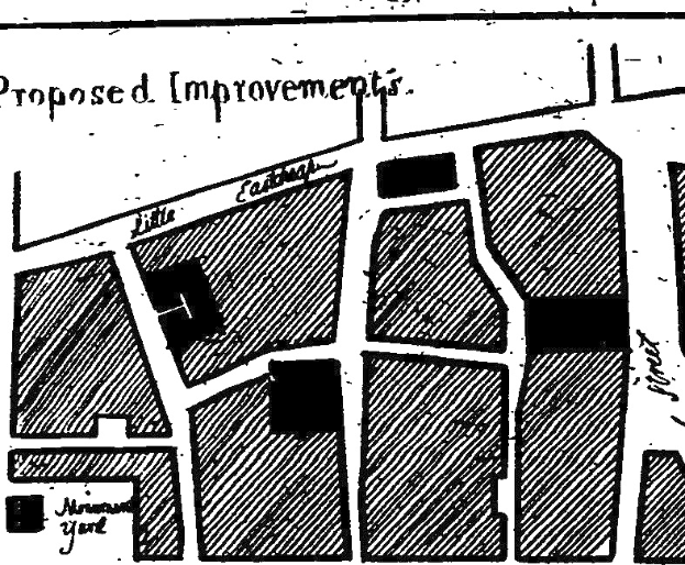 Schwarze und weiße Stadtkarte mit Straßen, Gebäuden und Sehenswürdigkeiten, beschriftet mit "Vorgeschlagene Verbesserungen."