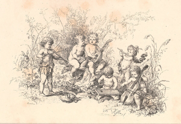 Gruppe von Kindern, die im Freien Musikinstrumente spielen, darunter eine Gitarre, eine Geige und eine Trommel, mit Bäumen im Hintergrund.