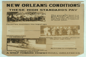 Plakat mit der Aufschrift 'New Orleans Bedingungen: Diese hohen Standards zahlen sich aus' mit Bildern von Menschen, darunter einer Person auf einem Fahrrad.