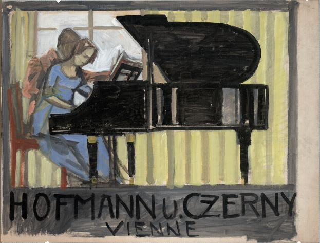 Eine Frau in einem weißen Kleid und einem blauen Schal spielt ein Klavier, ihre Augen sind geschlossen in Konzentration, mit einem friedlichen Ausdruck auf ihrem Gesicht.