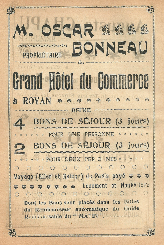 Schwarz-weiß-Anzeige für das Grand Hotel du Commerce in Paris, die die Dienstleistungen und Angebote des Hotels auflistet.