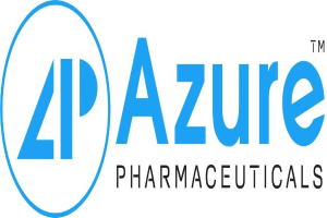 Logo der Azure Pharmaceuticals: fettes schwarzes Firmennamen in einem blauen Kreis mit weißer Umrandung auf weißem Hintergrund.