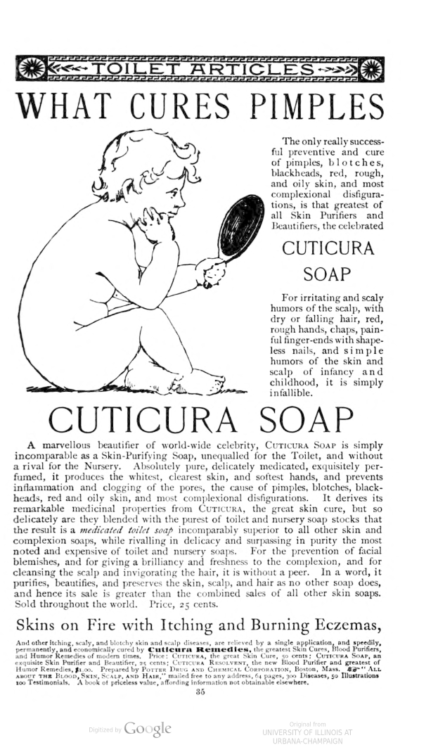 Eine Person, die einen Spiegel hält und nachdenklich dreinschaut, mit dem Text "Was heilt Pickel - Cuticura-Seife" auf dem Plakat.