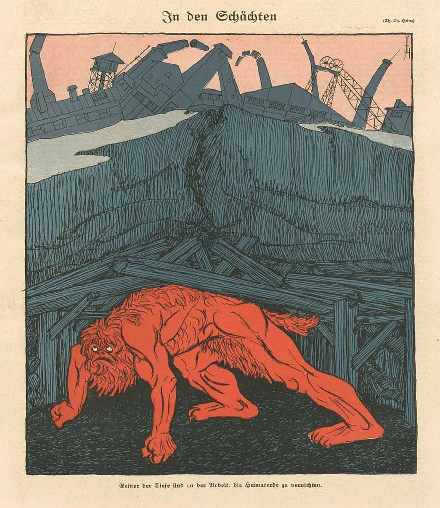 Illustration eines bedrohlichen Werwolfs in Kampfstellung vor einem rauchenden Fabrikgelände unter einem tiefblauen Himmel, mit einem Plakat im Hintergrund, das das Bild des Werwolfs und fetten Text zeigt.