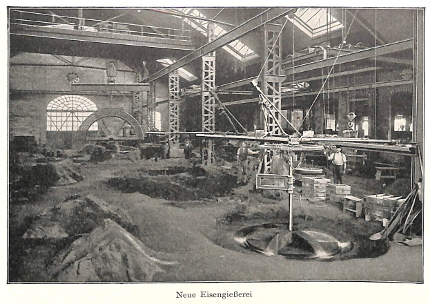 Schwarzes und weißes Foto einer deutschen Fabrik aus dem 19. Jahrhundert mit Arbeitern, die an einer Maschine arbeiten, umgeben von Metallstangen und -pfählen, beschriftet mit "Neue Eisenglebeerei, die erste Fabrik in Deutschland."