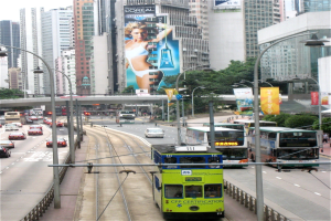 Eine belebte Stadtstraße mit Doppeldeckerbussen, Autos und anderen Fahrzeugen, gesäumt von hohen Gebäuden, Bäumen und einer Brücke unter einem klaren blauen Himmel, mit Straßenschildern und Bannern.